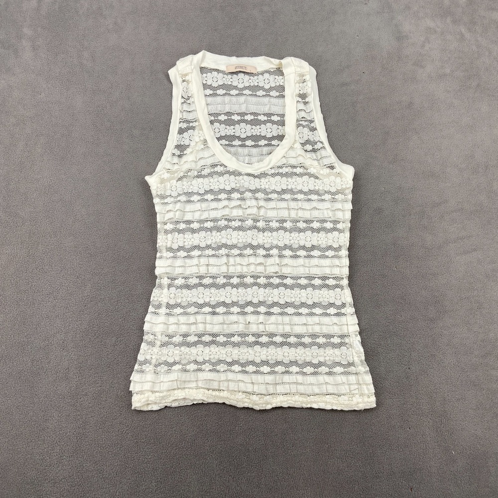 Antoinette Sheer Tank Top Womens Large White Lace Floral Pattern Ruffle Detail